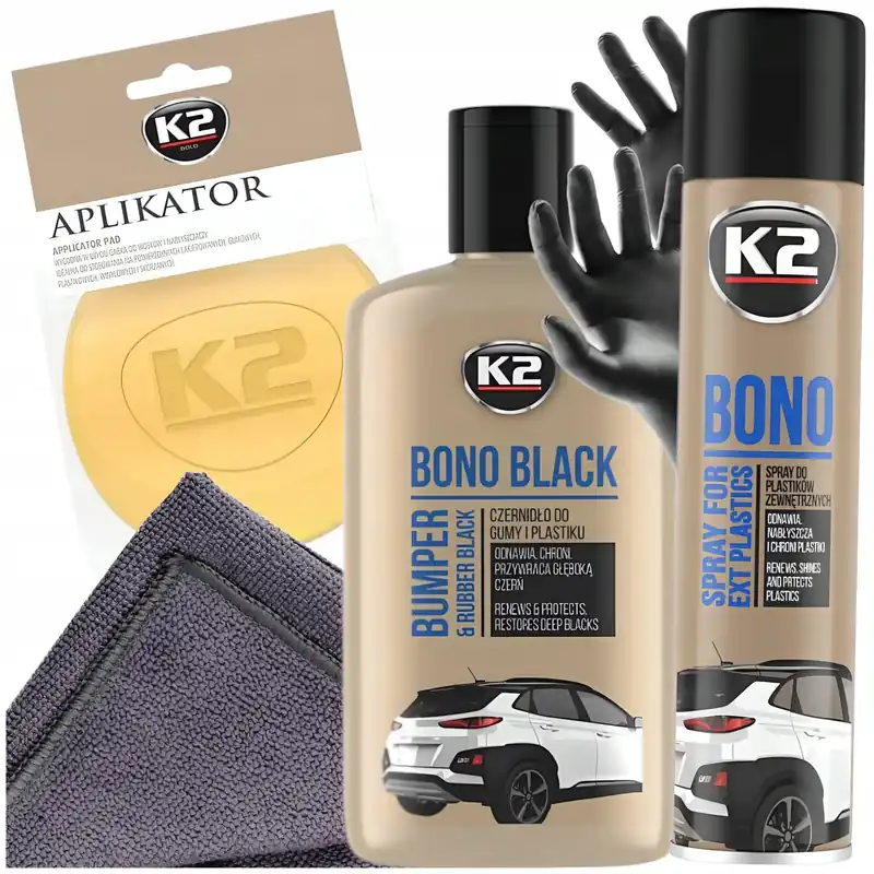 Szybka dostawa KOMPLET DO RENOWACJI PLASTIKÓW I GUM Z CZERNIDŁEM, GĄBKĄ ORAZ APLIKATOREM K2 BONO BLACK